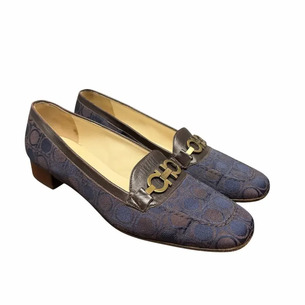 Vintage Salvatore Ferragamo Brown Navy Gancini Block Heel Loafer Womens Size 7.5